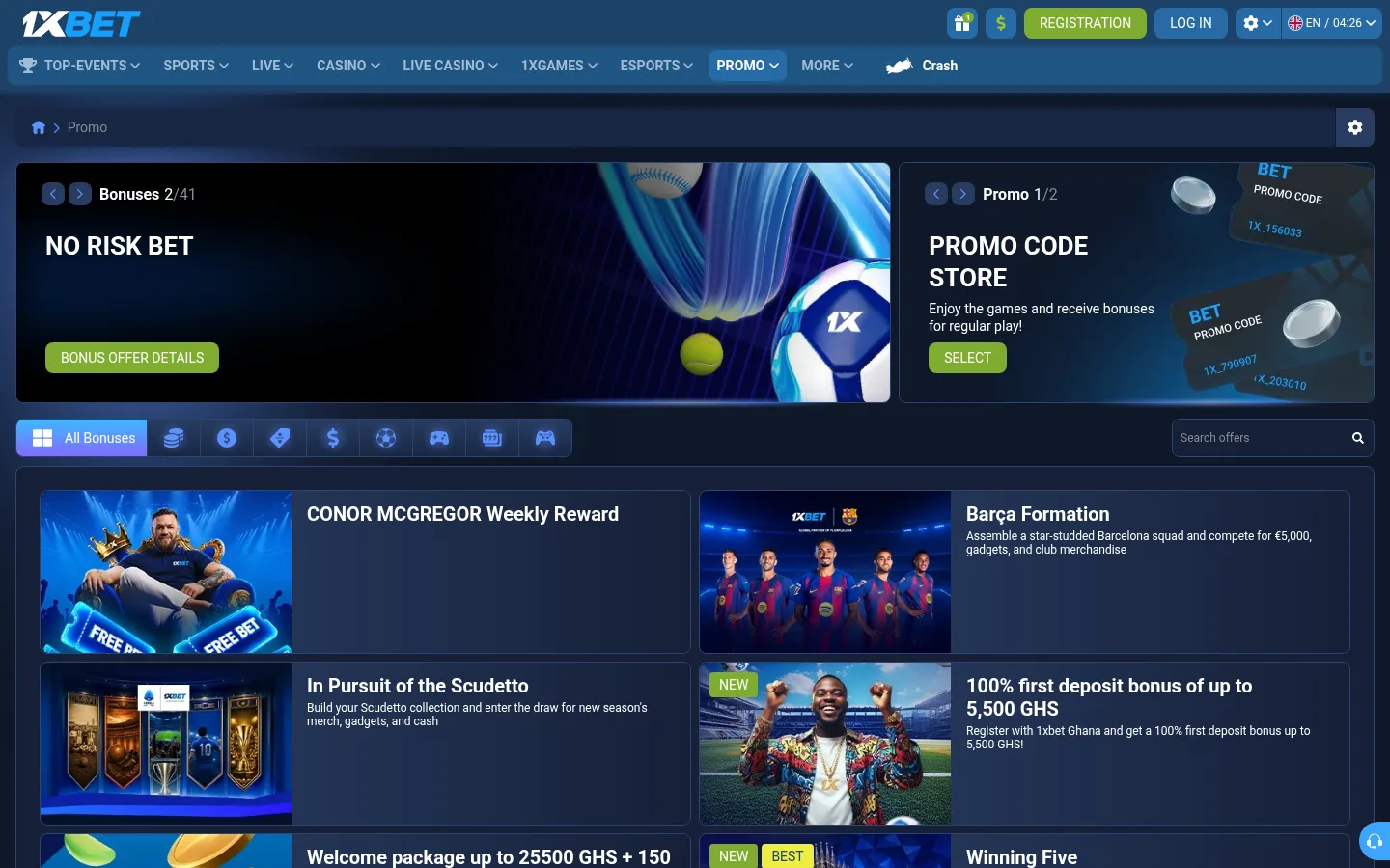 1xbet Ghana promotions page listing the first deposit bonus of up to 5,500 GHS and the casino welcome package