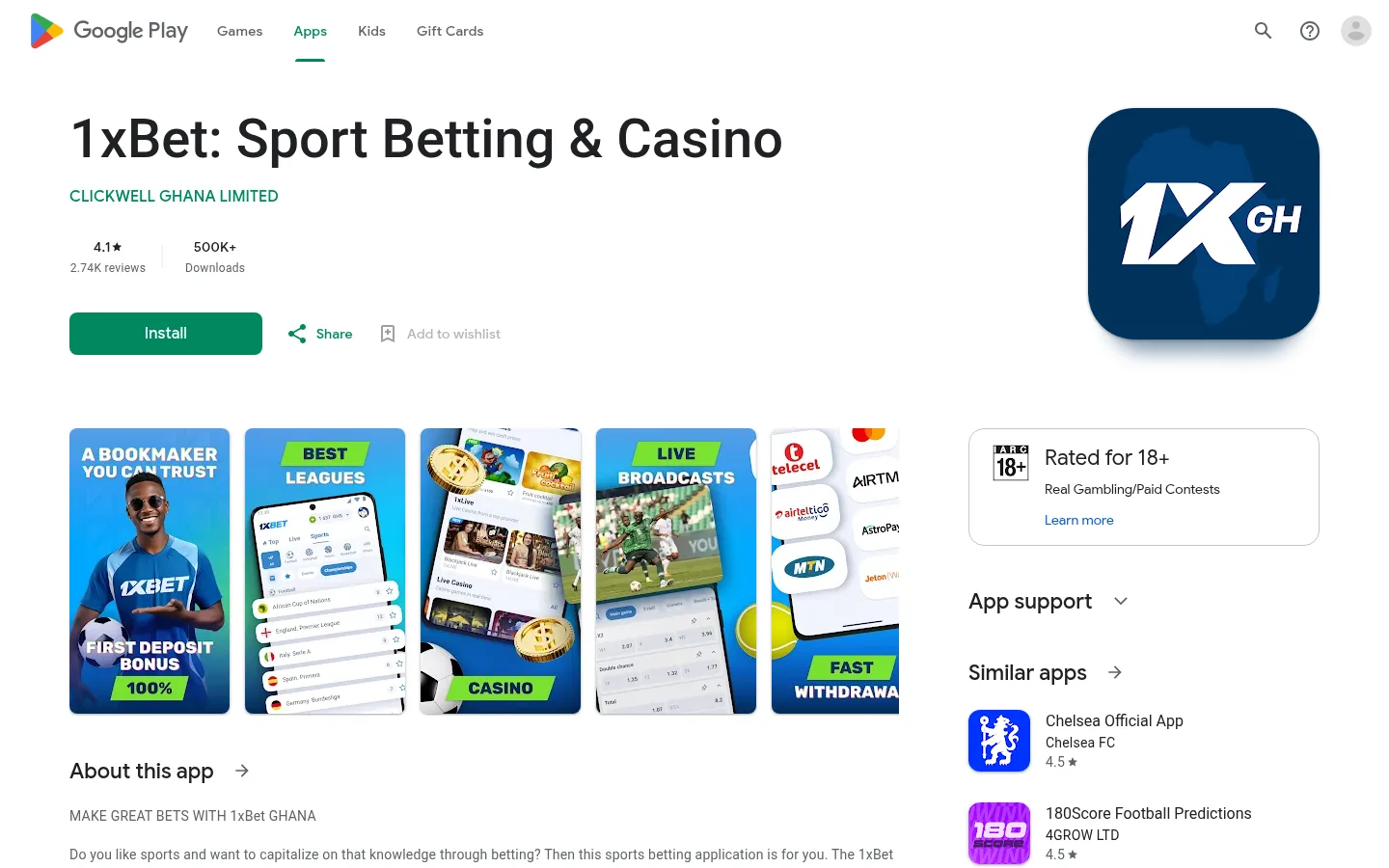 1xBet Sport Betting and Casino on the Ghana Google Play storefront, published by Clickwell Ghana Limited