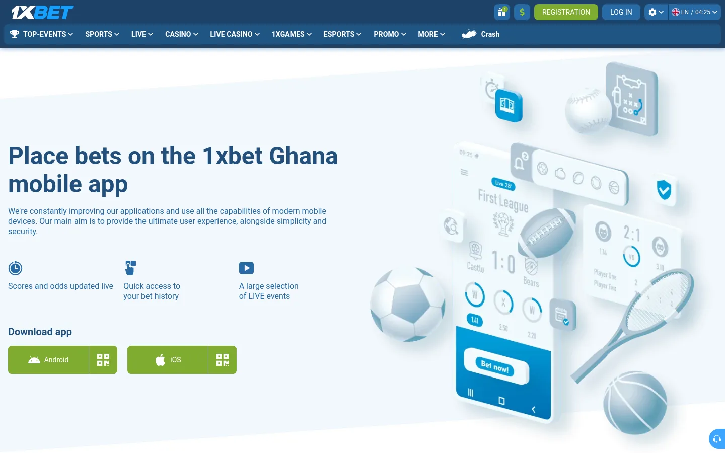 1xbet Ghana mobile app page with the Android and iOS download buttons and their QR codes