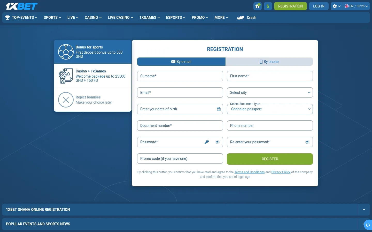 1xbet Ghana sign-up form with the bonus choice on the left and Ghanaian passport preselected as the document type